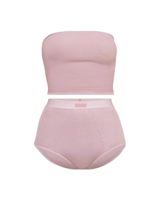 Ribbed Bandeau and Brief Set - Baby Pink